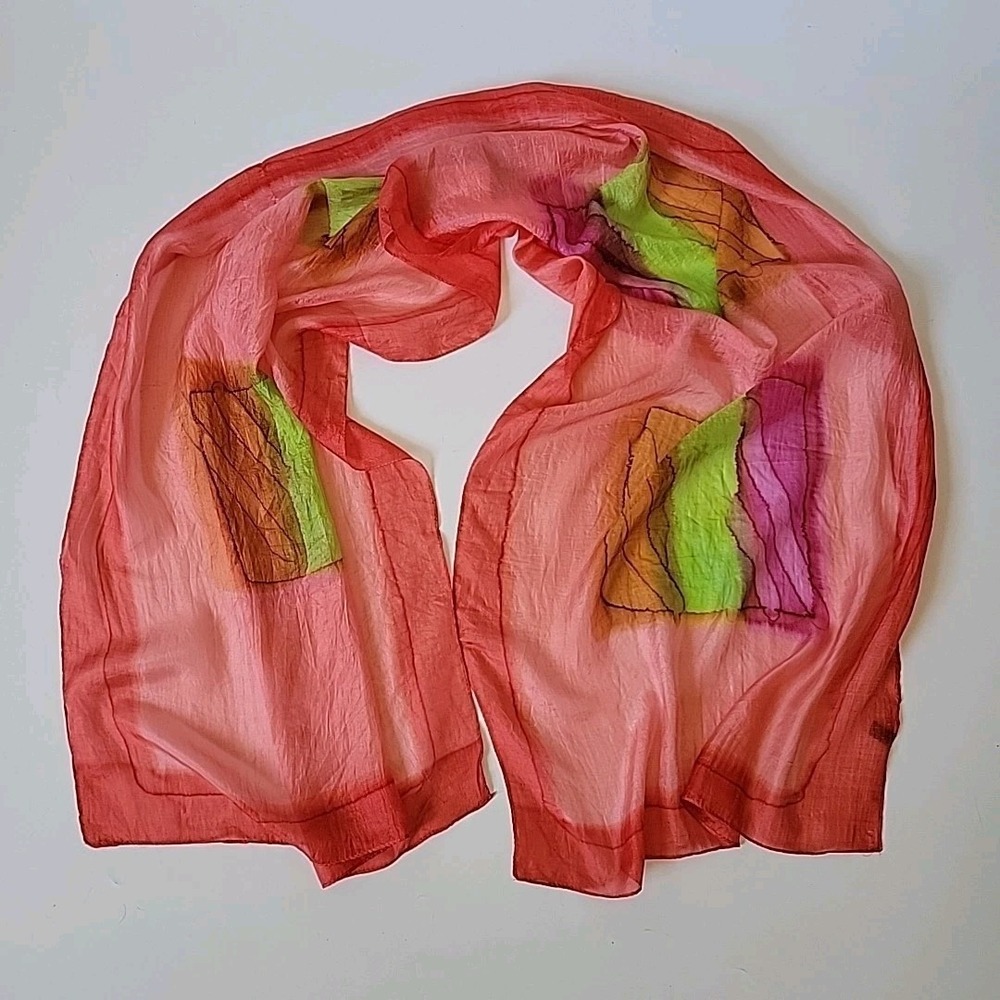 Sheer Silk Chiffon Rectangle Scarf Geometric Print Colorful Boho Ethereal Retro